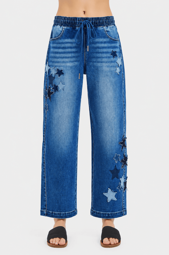 RISEN Elastic Band Slouchy Cropped Barrel with Star Patch - AMVIM