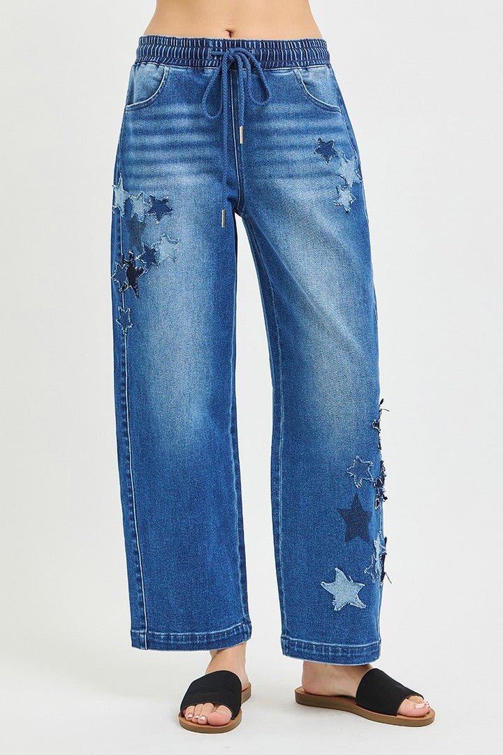 RISEN Elastic Band Slouchy Cropped Barrel with Star Patch - AMVIM