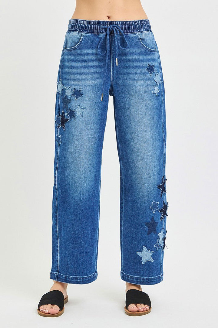 RISEN Elastic Band Slouchy Cropped Barrel with Star Patch - AMVIM