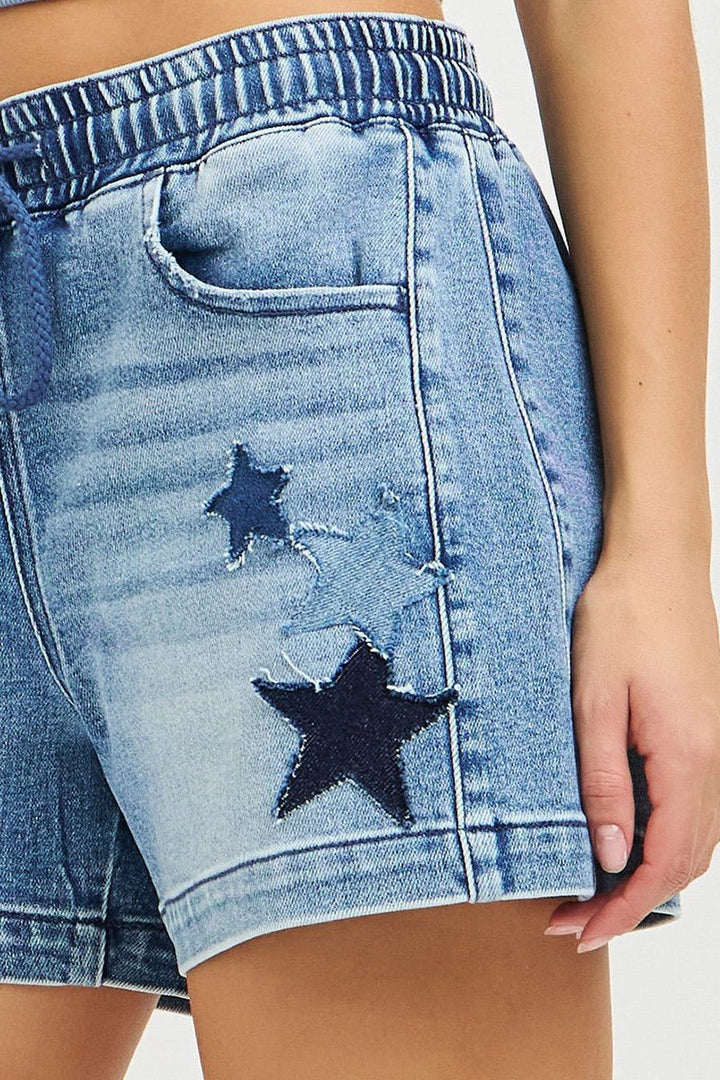 RISEN Elastic Band Slouchy Denim Shorts with Star Patch Details - AMVIM