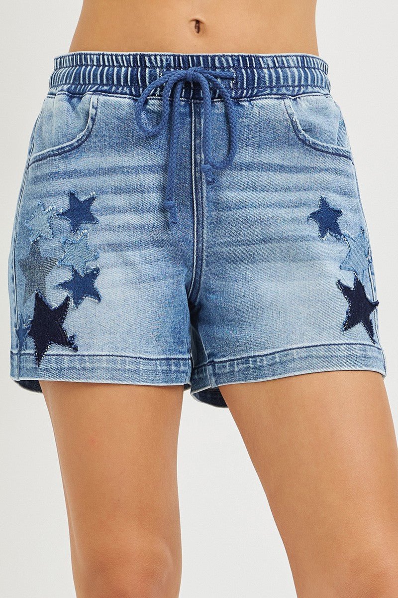 RISEN Elastic Band Slouchy Denim Shorts with Star Patch Details - AMVIM