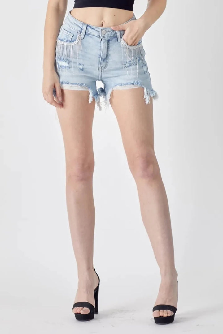 RISEN Frayed Hem Denim Shorts with Fringe Pocket Details - AMVIM