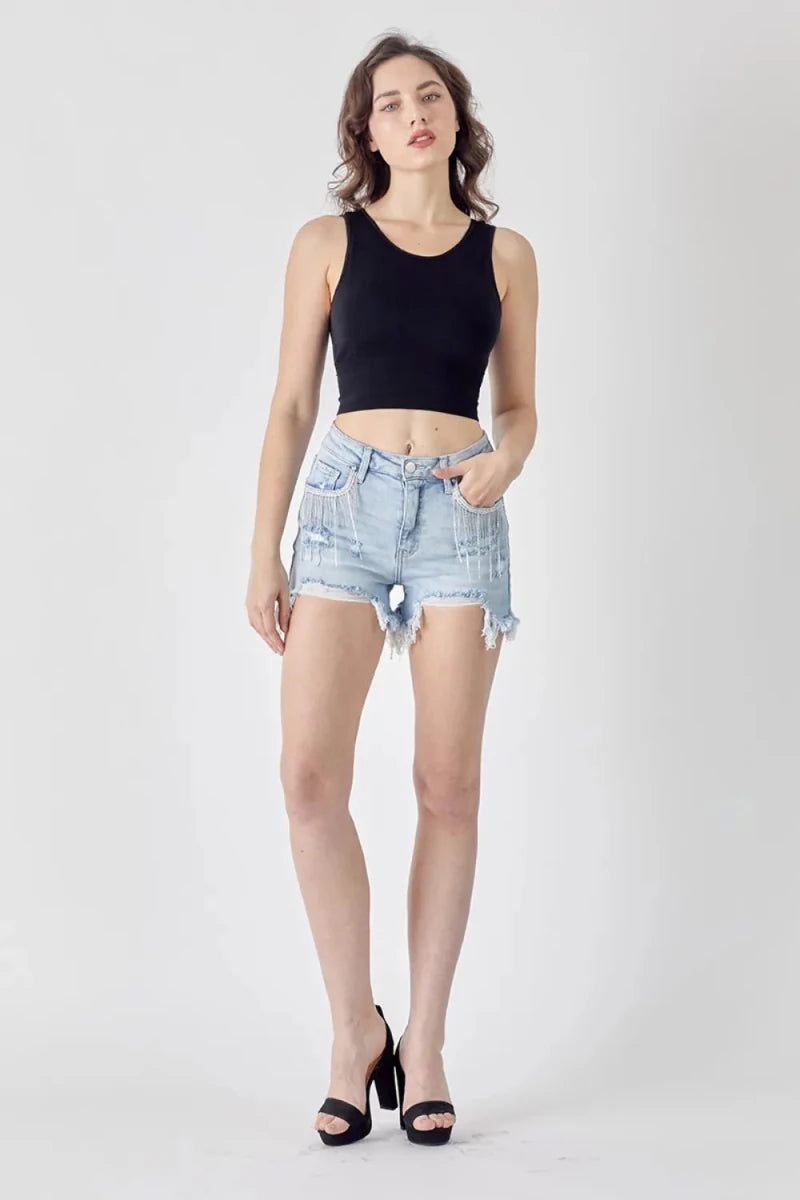 RISEN Frayed Hem Denim Shorts with Fringe Pocket Details - AMVIM