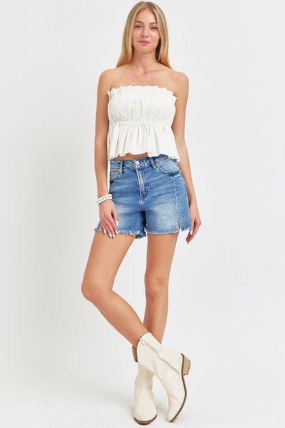 RISEN Front Slit Raw Hem Denim Shorts - AMVIM