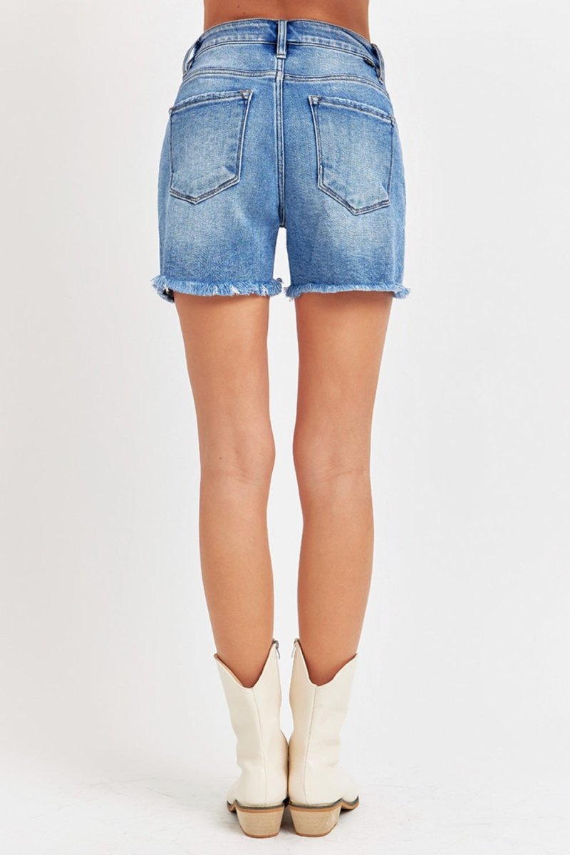 RISEN Front Slit Raw Hem Denim Shorts - AMVIM