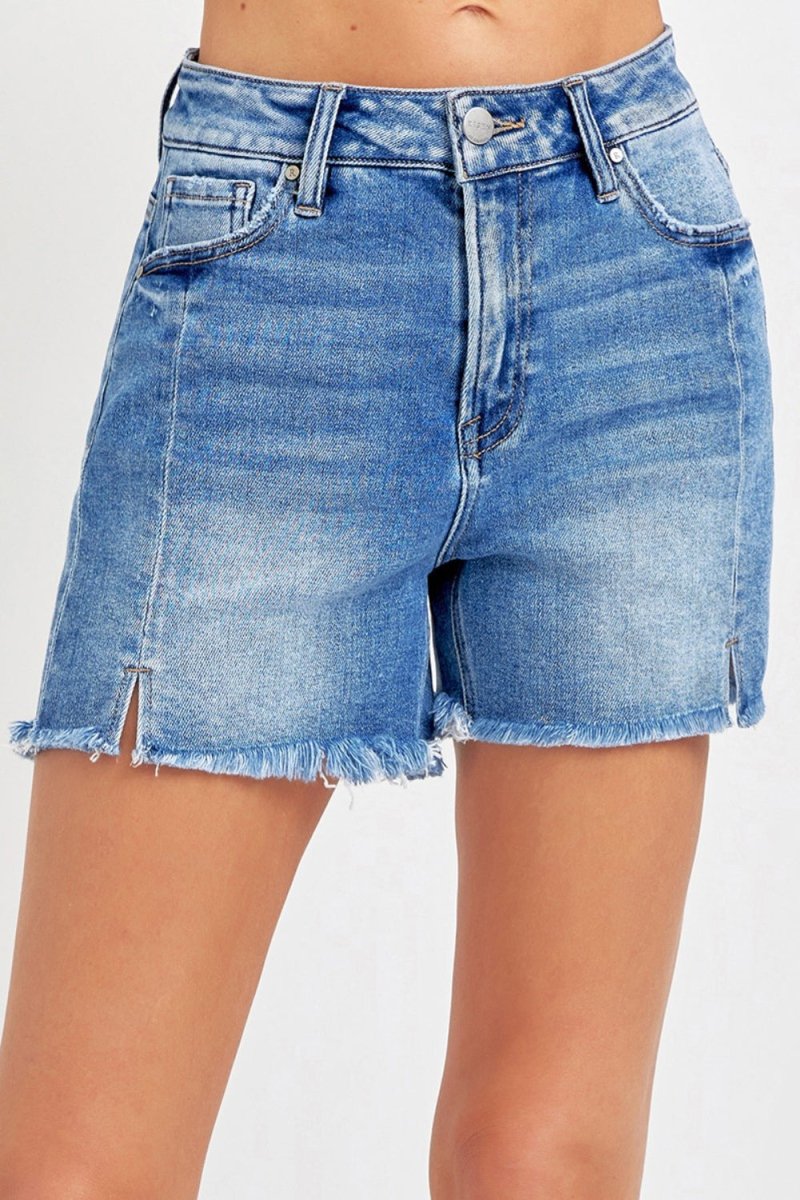 RISEN Front Slit Raw Hem Denim Shorts - AMVIM