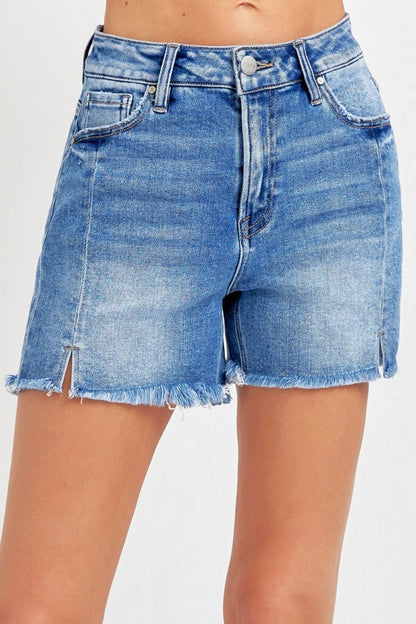 RISEN Front Slit Raw Hem Denim Shorts - AMVIM