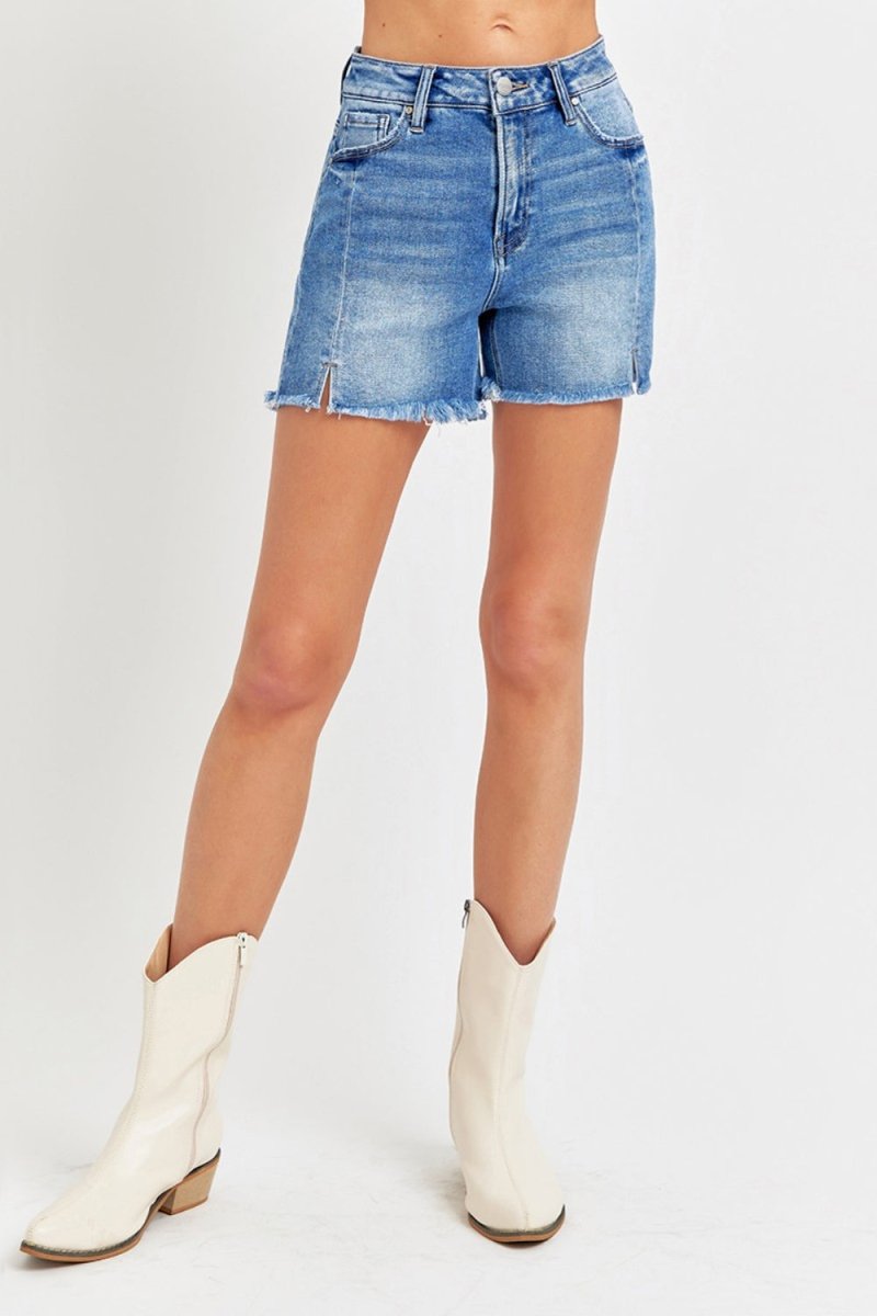 RISEN Front Slit Raw Hem Denim Shorts - AMVIM