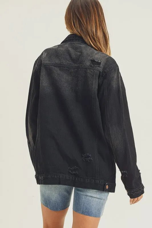 RISEN Full Size Distressed Long Sleeve Denim Jacket - AMVIM