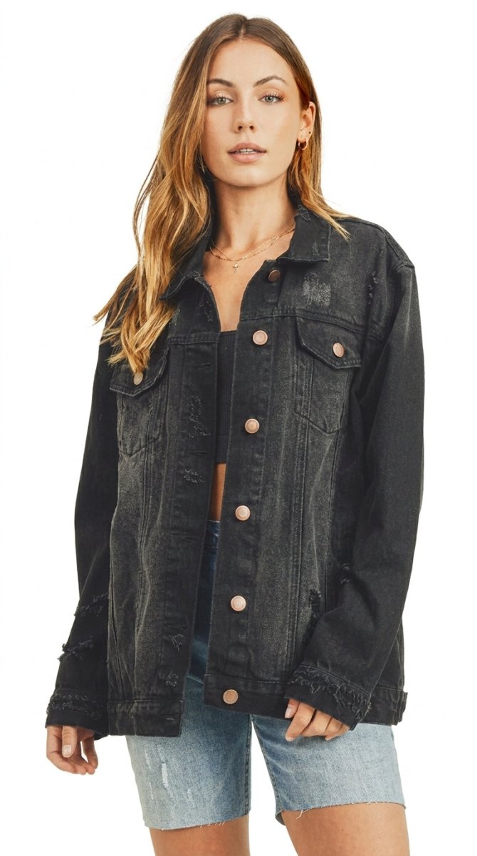 RISEN Full Size Distressed Long Sleeve Denim Jacket - AMVIM