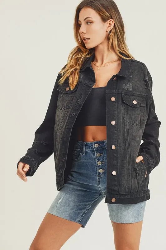 RISEN Full Size Distressed Long Sleeve Denim Jacket - AMVIM