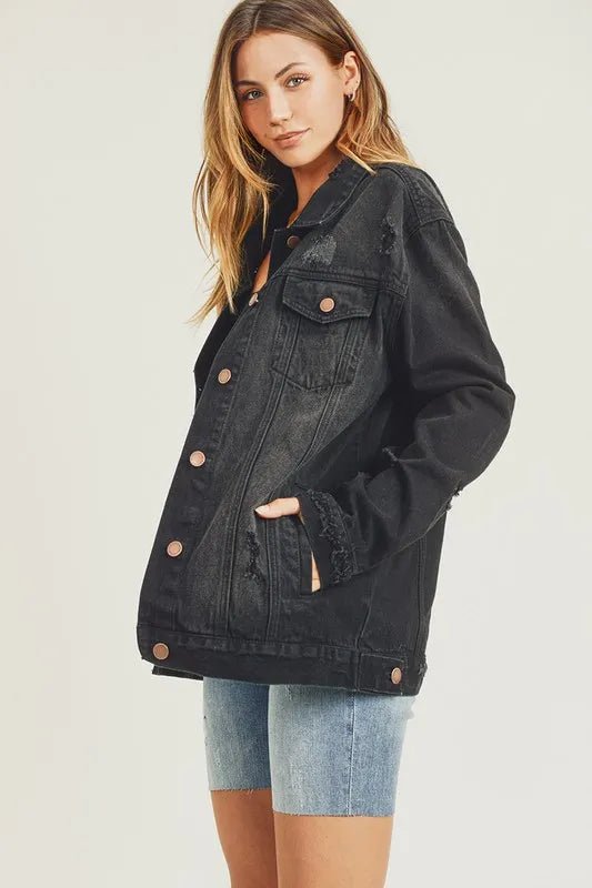 RISEN Full Size Distressed Long Sleeve Denim Jacket - AMVIM