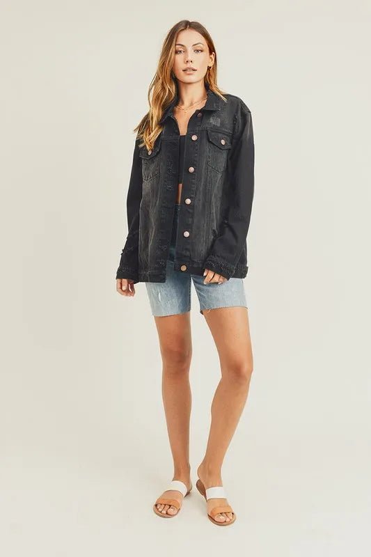 RISEN Full Size Distressed Long Sleeve Denim Jacket - AMVIM