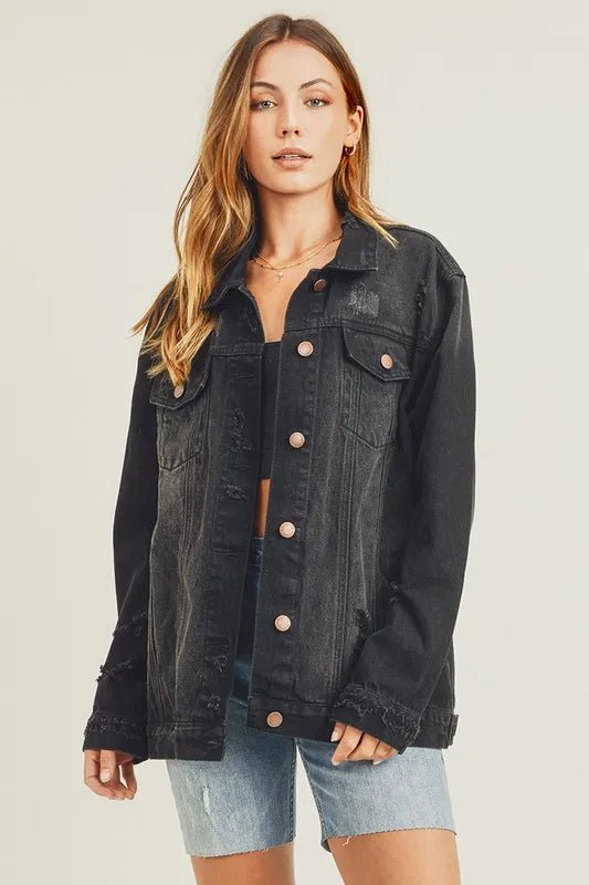 RISEN Full Size Distressed Long Sleeve Denim Jacket - AMVIM