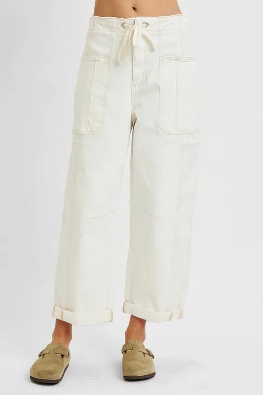 RISEN Full Size High Rise Crop Wide Barrel Cargo Pocket Jeans Plus Size - AMVIM