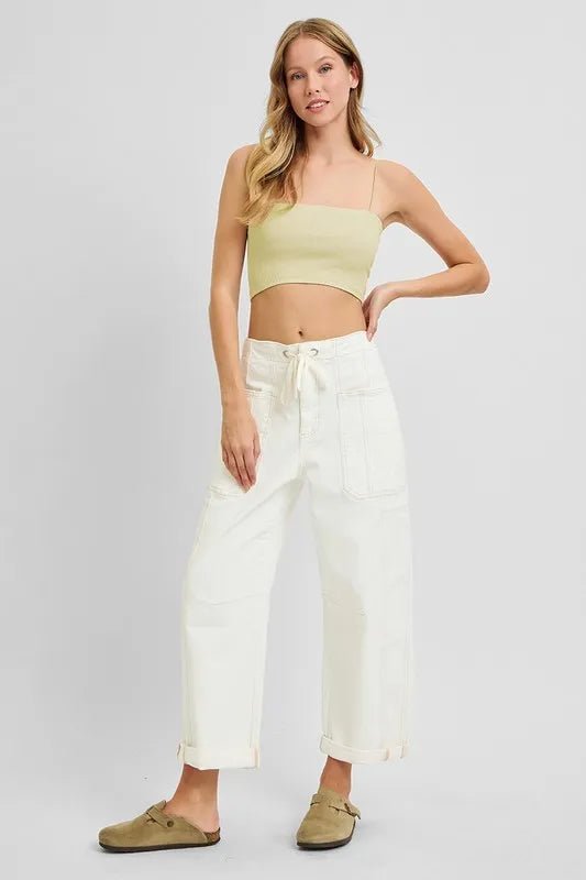 RISEN Full Size High Rise Crop Wide Barrel Cargo Pocket Jeans Plus Size - AMVIM