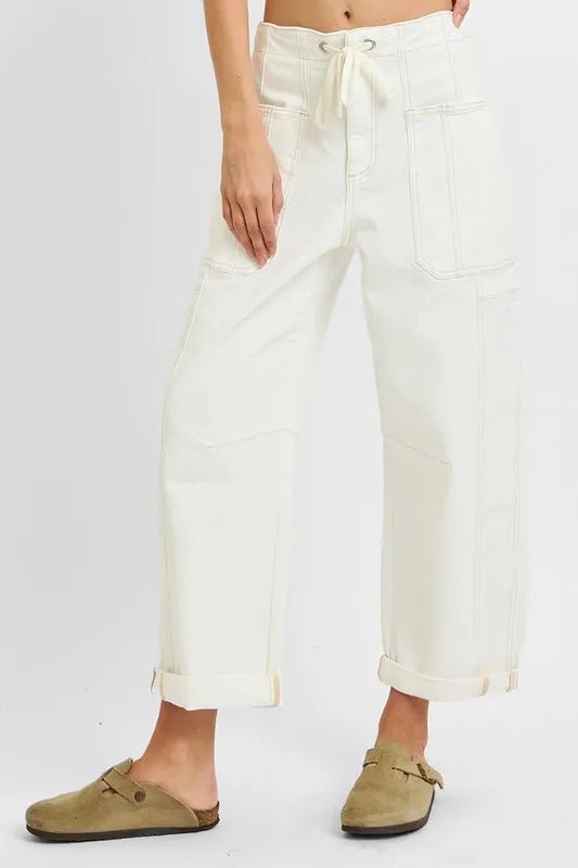 RISEN Full Size High Rise Crop Wide Barrel Cargo Pocket Jeans Plus Size - AMVIM
