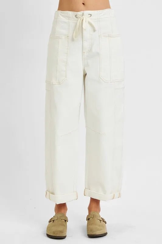 RISEN Full Size High Rise Crop Wide Barrel Cargo Pocket Jeans Plus Size - AMVIM