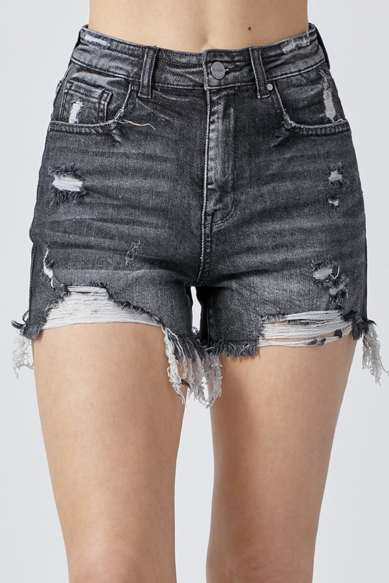 RISEN Full Size High Rise Distressed Denim Shorts - AMVIM