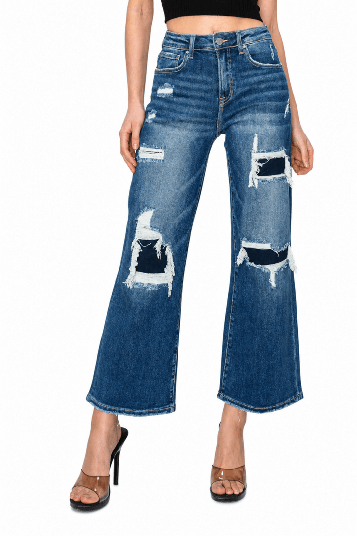 Risen Full Size High Rise Patch Detailed Wide Leg Crop Jeans - AMVIM