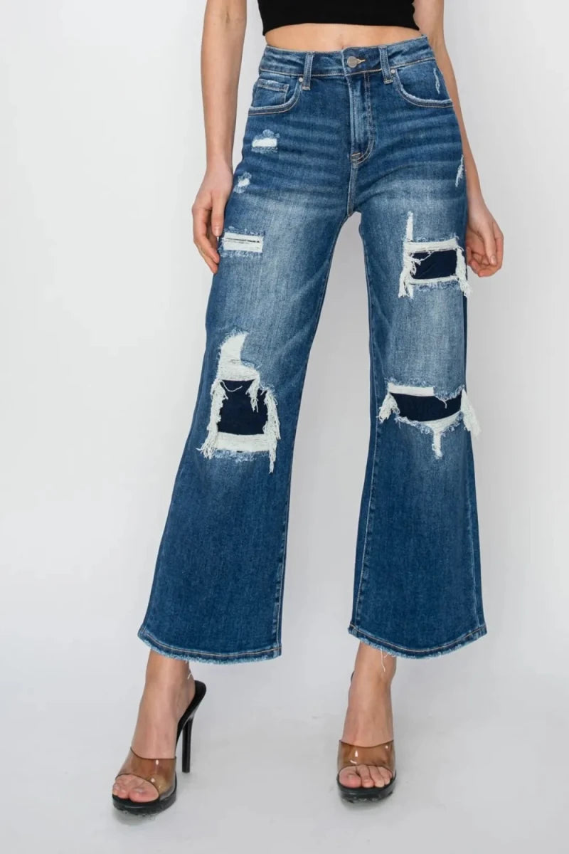 Risen Full Size High Rise Patch Detailed Wide Leg Crop Jeans - AMVIM