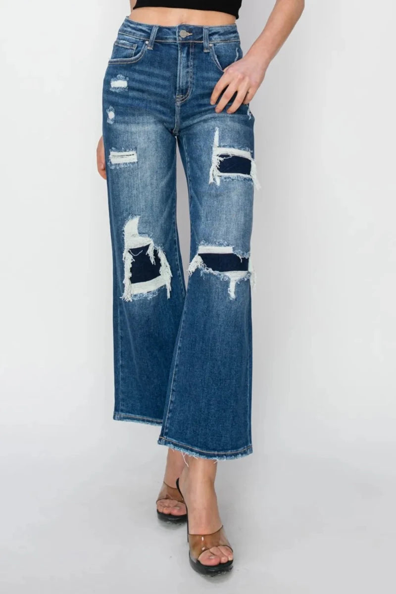 Risen Full Size High Rise Patch Detailed Wide Leg Crop Jeans - AMVIM