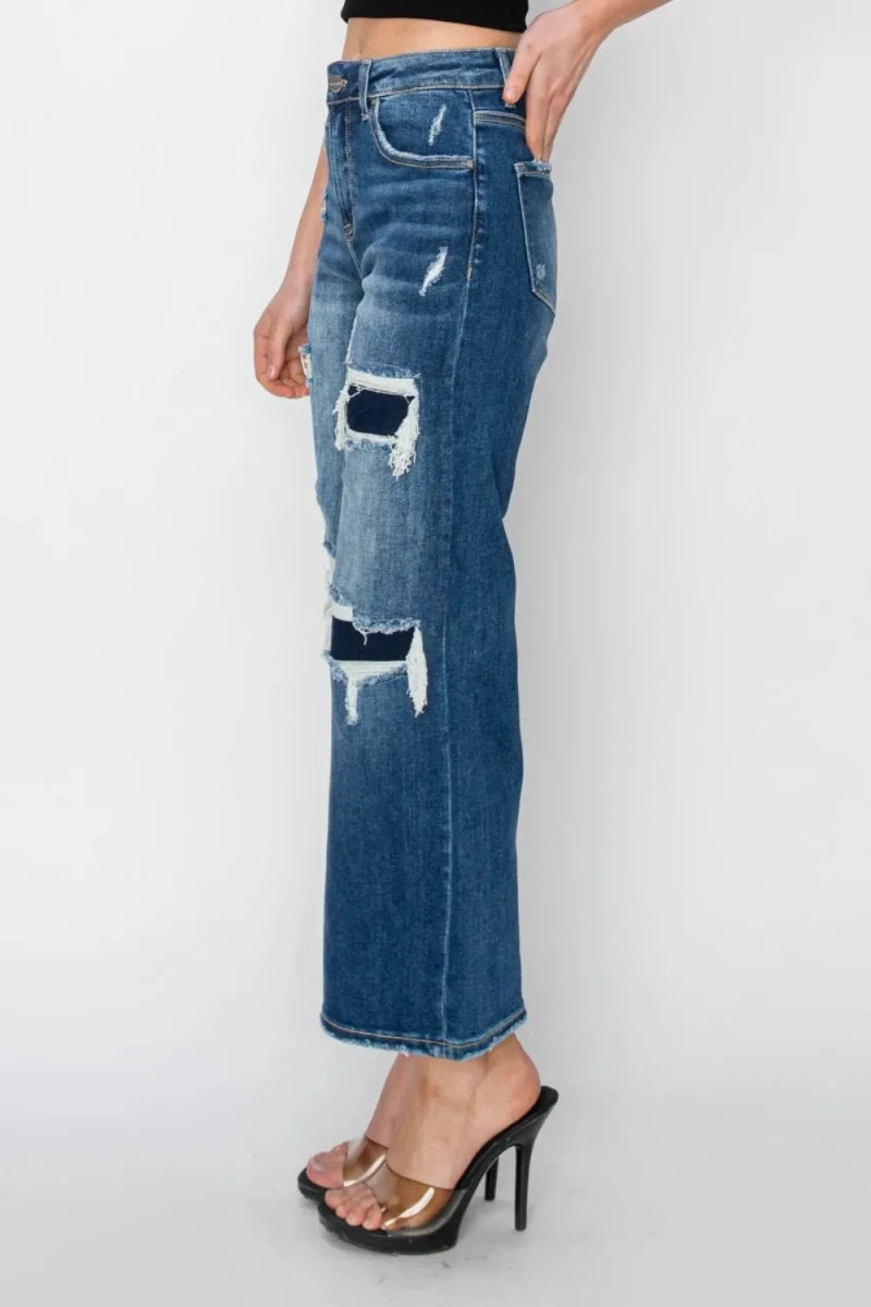 Risen Full Size High Rise Patch Detailed Wide Leg Crop Jeans - AMVIM