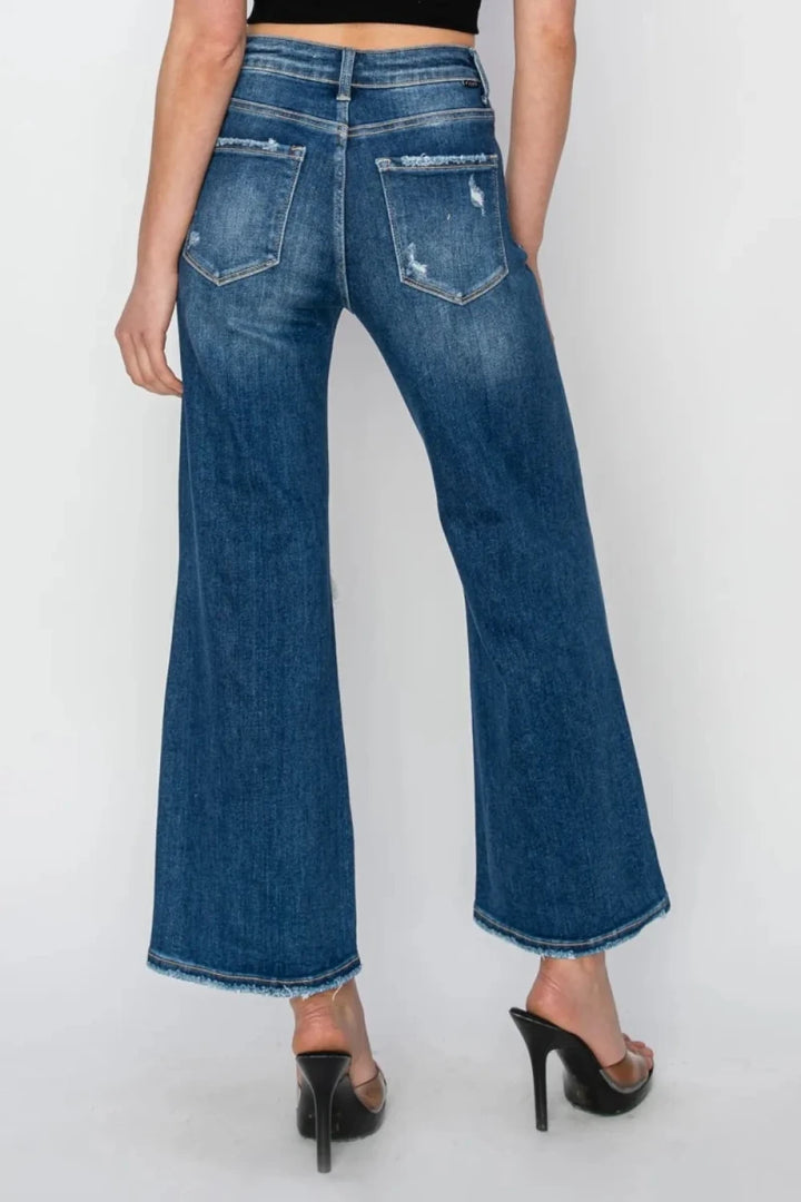 Risen Full Size High Rise Patch Detailed Wide Leg Crop Jeans - AMVIM