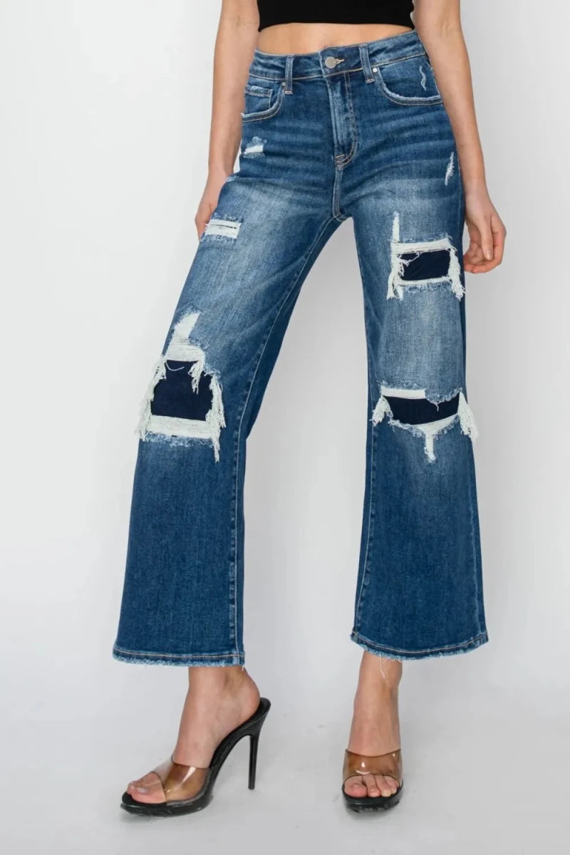 Risen Full Size High Rise Patch Detailed Wide Leg Crop Jeans - AMVIM