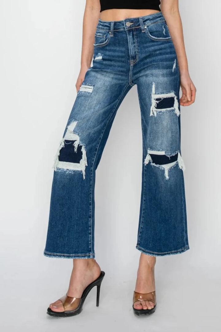Risen Full Size High Rise Patch Detailed Wide Leg Crop Jeans - AMVIM