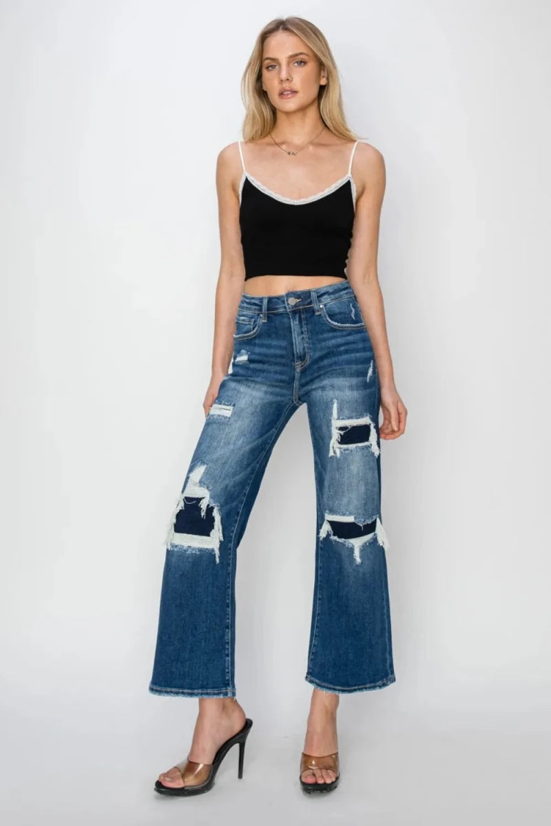 Risen Full Size High Rise Patch Detailed Wide Leg Crop Jeans - AMVIM