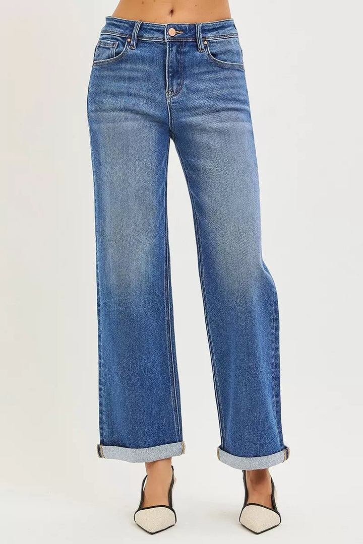 RISEN Full Size High Rise Relaxed Fit Ankle Straight Cuff Jeans Plus Size - AMVIM