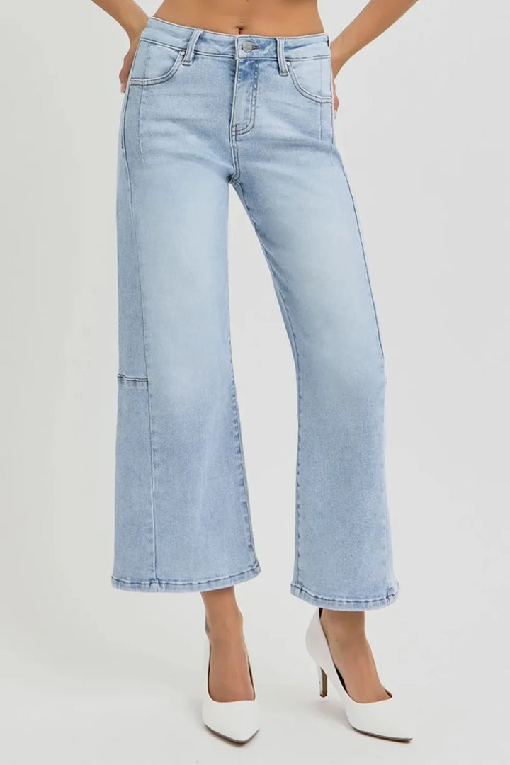 RISEN Full Size High Rise Seamed Detail Wide Leg Crop Jeans - AMVIM