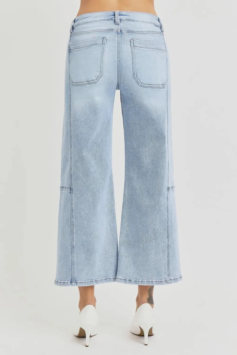 RISEN Full Size High Rise Seamed Detail Wide Leg Crop Jeans - AMVIM