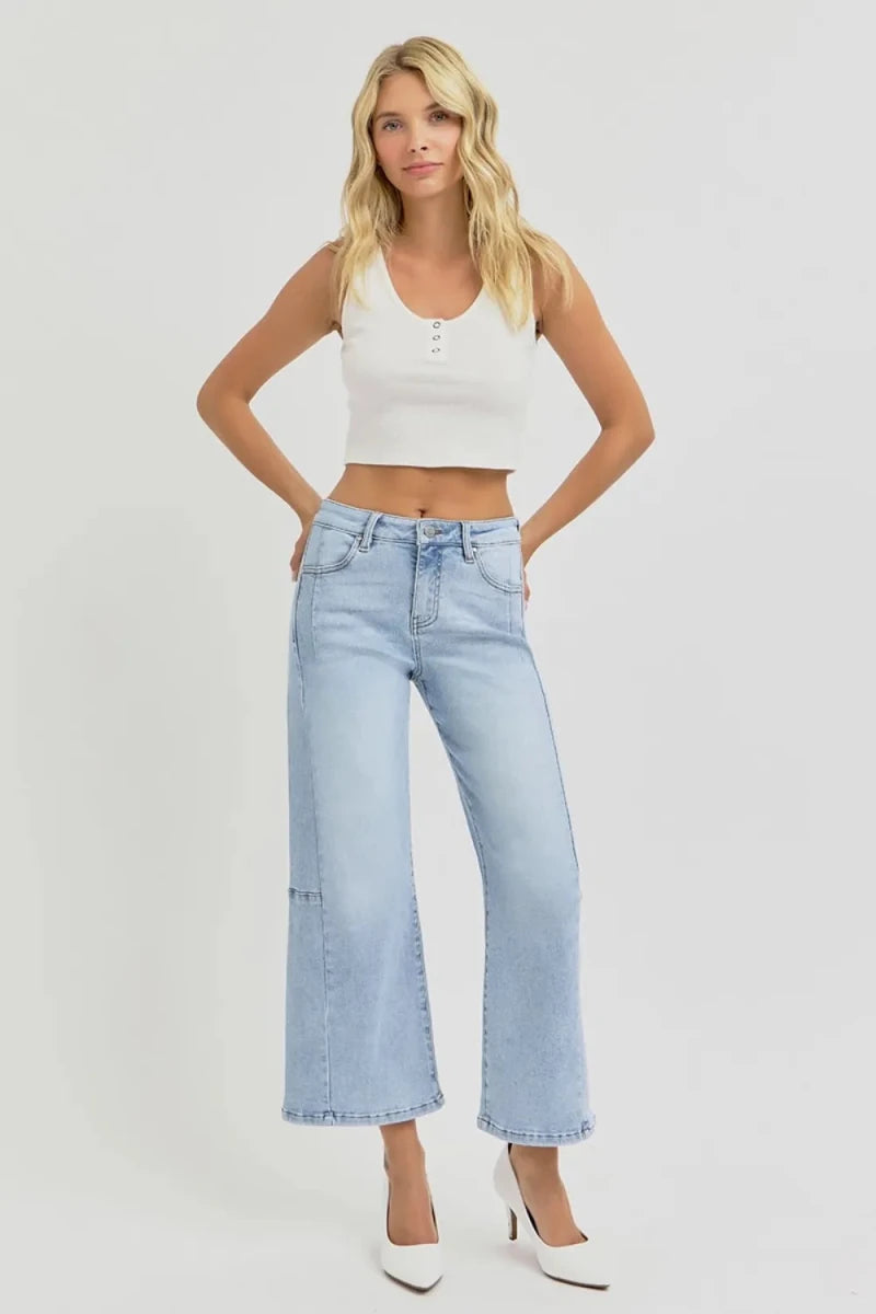 RISEN Full Size High Rise Seamed Detail Wide Leg Crop Jeans - AMVIM