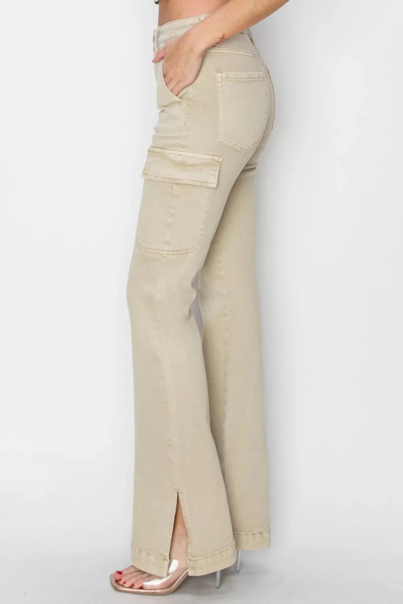 RISEN Full Size High Rise Side Slit Cargo Bootcut Jeans - AMVIM