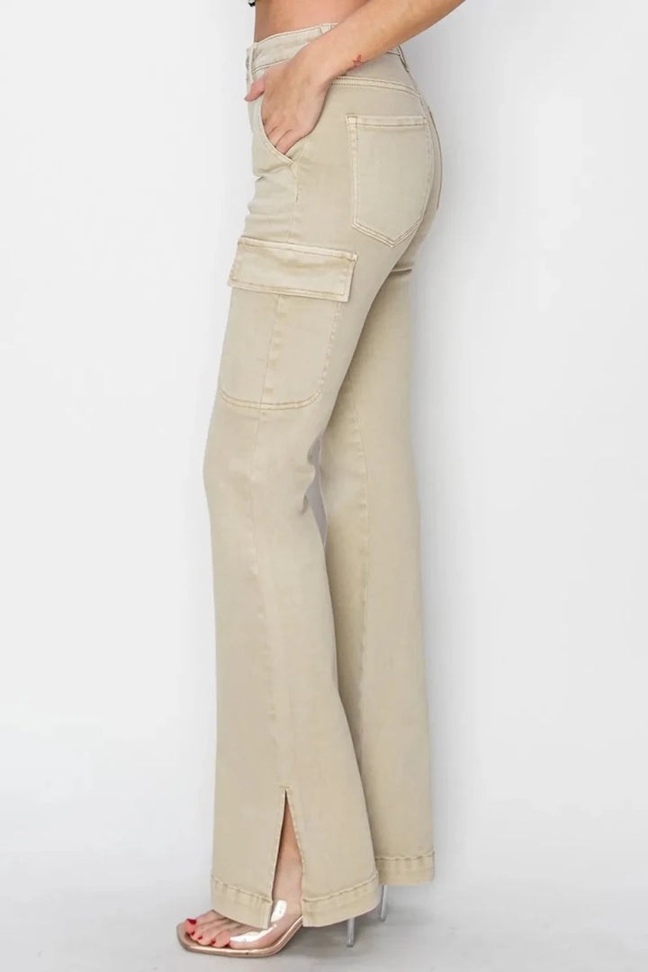 RISEN Full Size High Rise Side Slit Cargo Bootcut Jeans - AMVIM