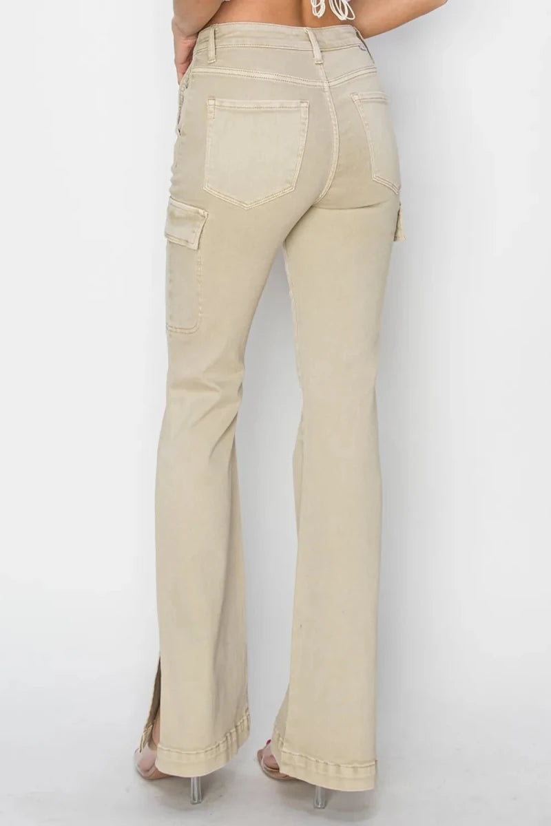 RISEN Full Size High Rise Side Slit Cargo Bootcut Jeans - AMVIM