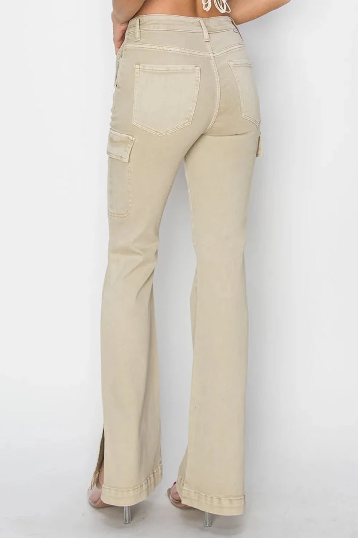 RISEN Full Size High Rise Side Slit Cargo Bootcut Jeans - AMVIM