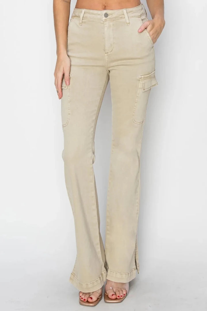 RISEN Full Size High Rise Side Slit Cargo Bootcut Jeans - AMVIM