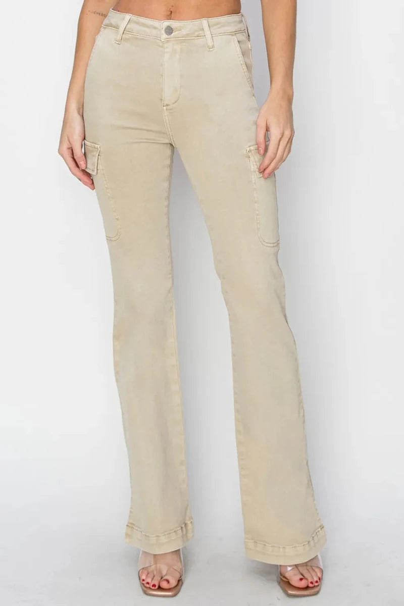 RISEN Full Size High Rise Side Slit Cargo Bootcut Jeans - AMVIM