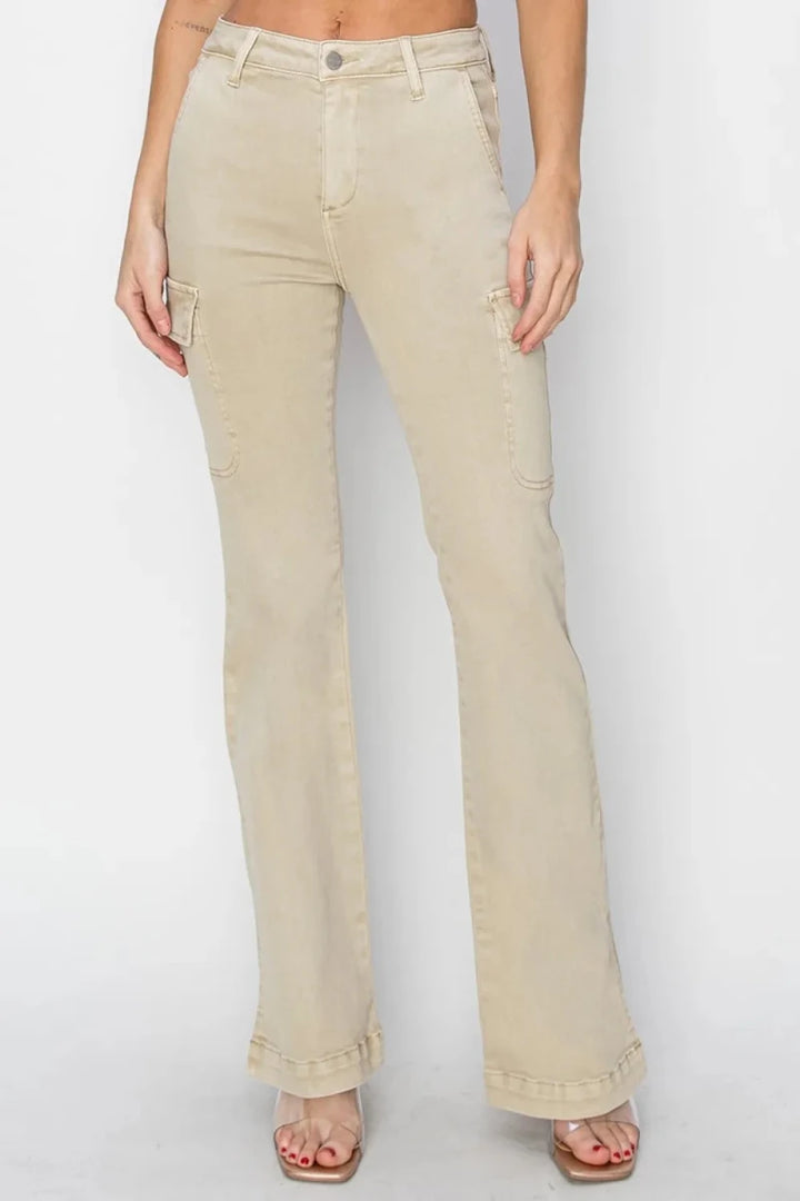 RISEN Full Size High Rise Side Slit Cargo Bootcut Jeans - AMVIM