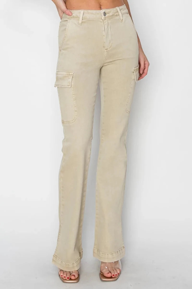 RISEN Full Size High Rise Side Slit Cargo Bootcut Jeans - AMVIM