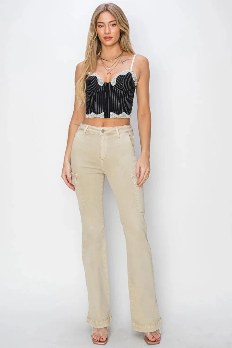 RISEN Full Size High Rise Side Slit Cargo Bootcut Jeans - AMVIM