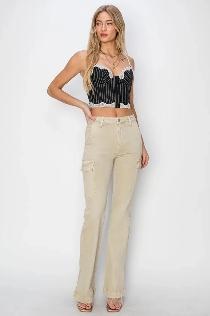 RISEN Full Size High Rise Side Slit Cargo Bootcut Jeans - AMVIM