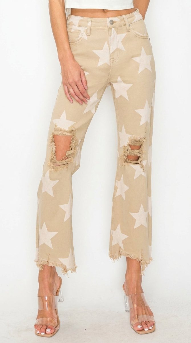 RISEN Full Size High Rise Star Print Frayed Hem Jeans - AMVIM