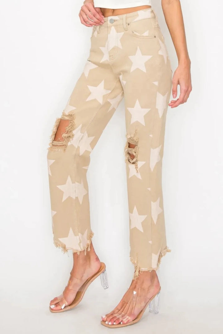 RISEN Full Size High Rise Star Print Frayed Hem Jeans - AMVIM