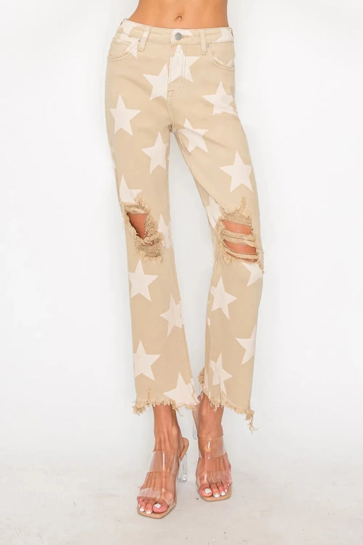 RISEN Full Size High Rise Star Print Frayed Hem Jeans - AMVIM