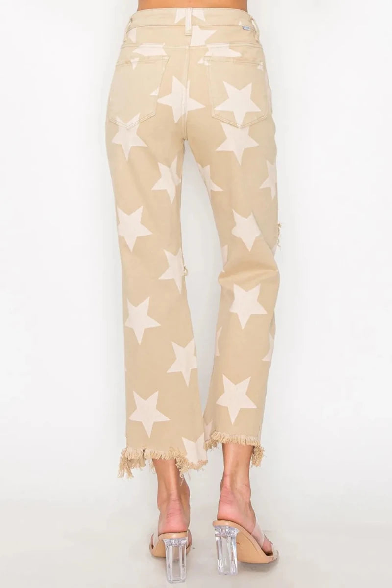 RISEN Full Size High Rise Star Print Frayed Hem Jeans - AMVIM