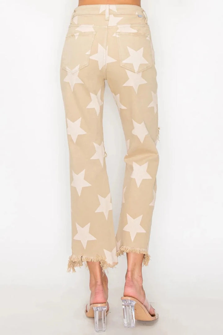 RISEN Full Size High Rise Star Print Frayed Hem Jeans - AMVIM